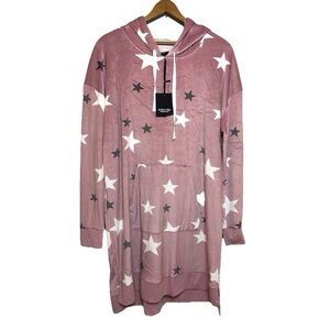 Simply Vera Wang Plush Sleepshirt Lounge Pink Stars Hooded Soft Cozy Size M NWT